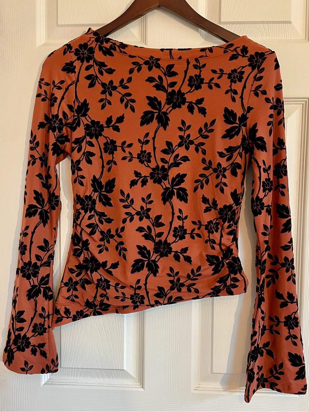 Rust Floral Velvet Long Sleeve Top Women’s M Burnt Orange Blouse Black